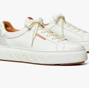Tory Burch White Leather Sneakers with Tan Accents